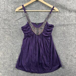 Soprano Tank Top Womens S Purple Beaded Y2K VTG Babydoll Flowy Scoop Neck